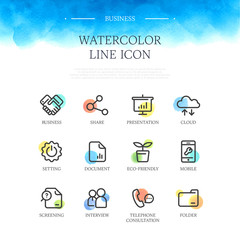 Business Watercolor Line Icon Set