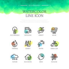 Eco Watercolor Line Icon Set