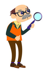 Дедушка и увеличительное стекло. Векторная иллюстрация изолированно на белом фоне. 