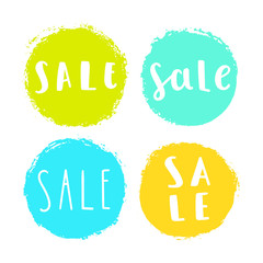 Set of sale badges. Grunge round labels with hand written text. Vector illustration