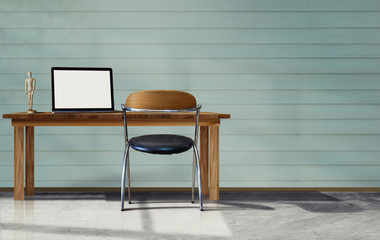 Product display Concept. Mock up laptop blank screen on Wood table vintage wood background. For montage product and  graphic display