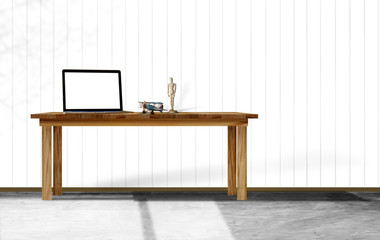 Mock up Blank screen laptop on wooden table in empty or studio room.