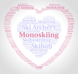 Monoskiing. Word cloud, heart inside heart, pink font, grey gradient background. Love of sport.