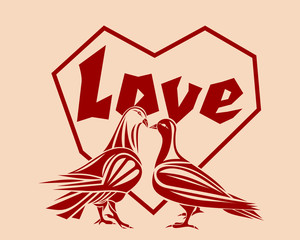 Loving couple pigeons against a backdrop of hearts. Symbol of love. Design element for Valentine's Day or other romantic events. A pair of lovers of pigeons. Vector illustration