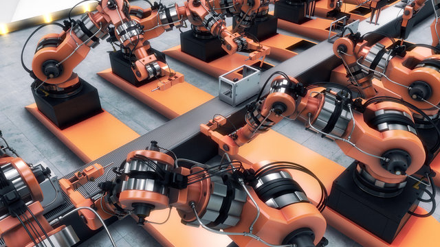 Robotic Factory assembling 3d printer on conveyor belt. 3d illustration