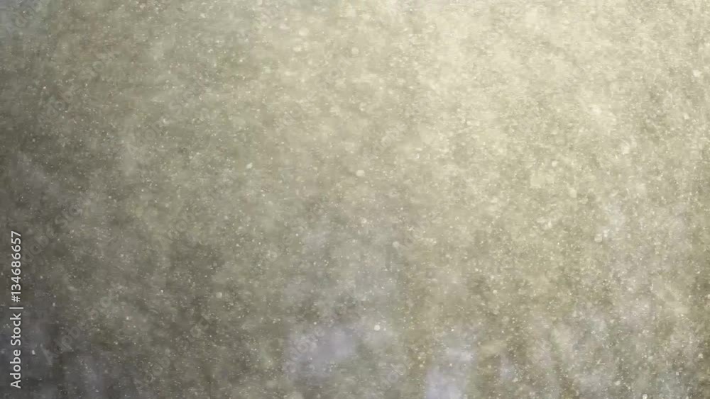 Poster snowfall. snowy stream in the background a blurred background with trees against the sun, strong win
