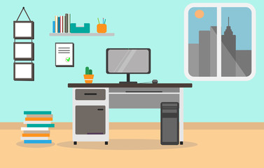 Illustration of a modern office or room from the workplace for one person with a desk, chair, computer, shelves, books, and a window with views of the city