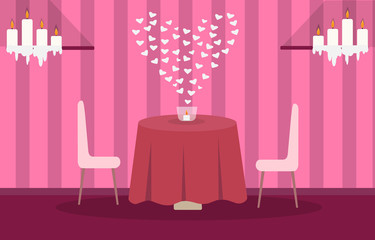 illustration of the interior of the restaurant or the room for dinner in honor of Valentine's Day with hearts, candles, table seating for two in the pink on wallpaper background with stripes