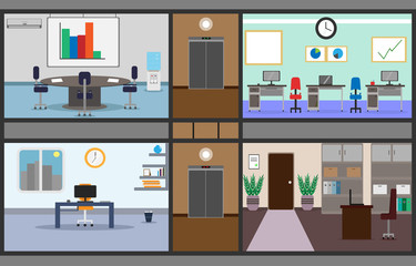 illustration of a set of offices and a hall for conferences was in one image in a building with a corridor and elevator, with furniture, appliances and other office objects