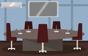 illustration of a modern and comfortable office and conference room with a large round table, comfortable chairs, air conditioning, as well as the large monitor on the wall 