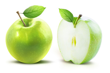Green apple with leaf and half of green apple isolated on white background with clipping path. Two...
