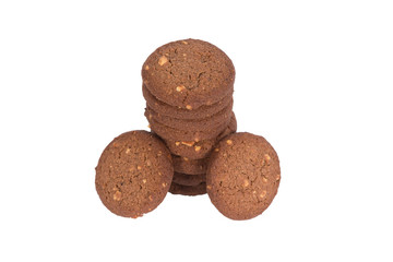 Chocolate cashew nut butter cookies stack isolated on white back
