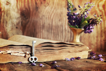 sctrathes effect on photo retro book on wooden table key