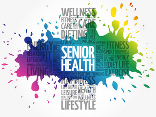 Senior health word cloud collage, health cross concept