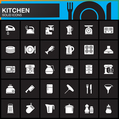 Kitchen vector icons set, modern solid symbol collection, pictogram pack isolated on black, Signs, logo illustration