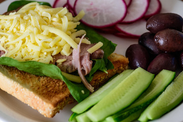 healthy breakfast, toast with meat and vegetables