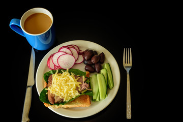 healthy breakfast, toast with meat and vegetables