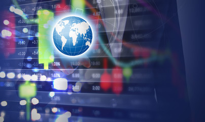 Double exposure of business woman hand touching world with stock market