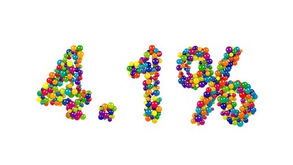 Four point one percent number. Digits of colorful shiny marbles, isolated on white background