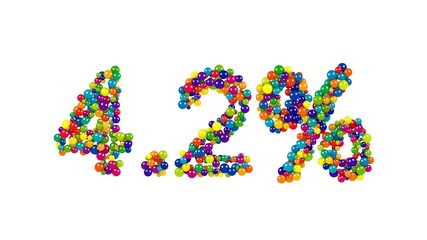 Four point two percent sign 3D digits of bright colored marbles isolated on white background