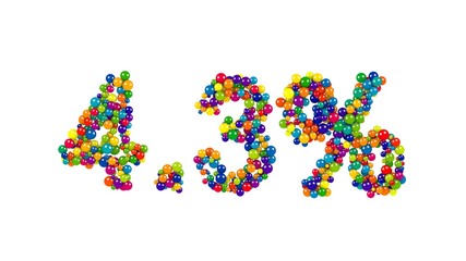 3D digits four point three percent made of bright colorful balls on pure white background