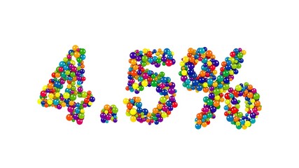 Four point five percent sign made of bright marbles of different colours on white background