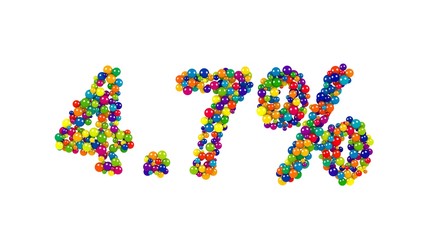 Colorful 3D marbles form the four point seven percent sign located on white background