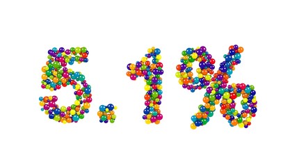 Five point one percent sign made of shiny colorful 3D marbles located on white background