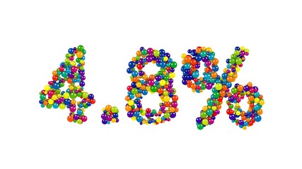 3D marbles of bright colors make four point eight percent sign isolated on white background