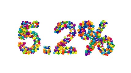 The colorful five point two percent sign of shiny 3D marbles isolated on white background