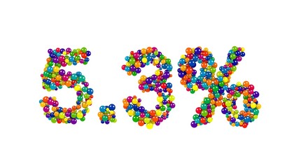 Joyful colored sign of five point three percent made of 3D marbles on white background
