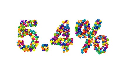 Digits five point four percent of bright colored 3D marbles on white background