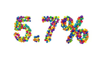 Five point seven percent digits made of glossy colored 3D marbles isolated on white background