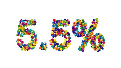 Bright colored 3D marbles form the digits five point five percent isolated on white background