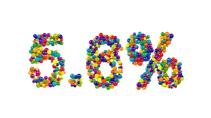 Digits five point six percent made of joyful colored 3D marbles over white background