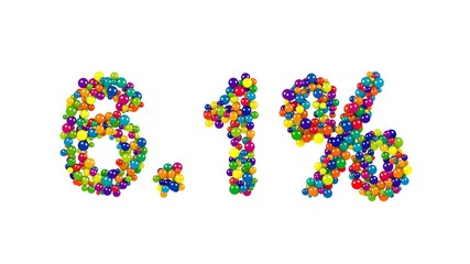 Six point one percent 3D sign of glossy little marbles isolated over white background