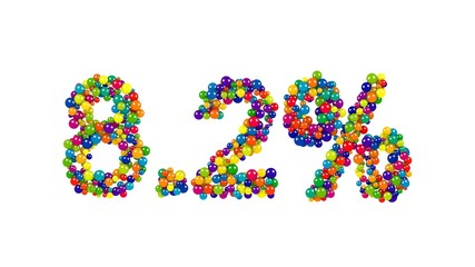 Number eight point two percent made of colored digits of little glossy marbles on white background
