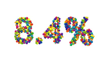 Eight point four percent sign with digits of funny colorful font isolated on white background