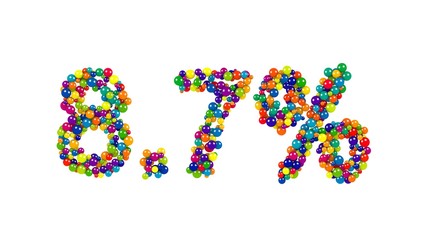 Multicolored sweets arranged to form 8.7% reduction or discount sign on white background