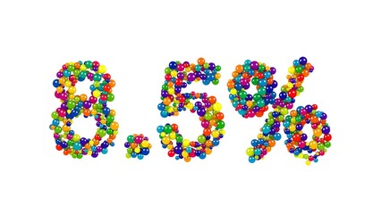 Multicolored sweets arranged to form 8.5% reduction or discount sign on white background