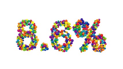 Multicolored sweets arranged to form 8.6% reduction or discount sign on white background