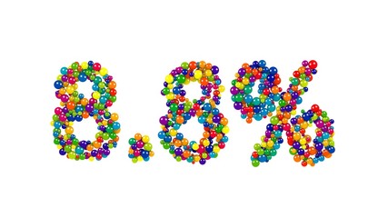 Multicolored sweets arranged to form 8.8% reduction or discount sign on white background
