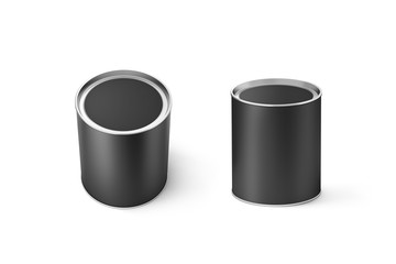 Blank black round can mockup set, isolated, 3d rendering. Clear grey cylindrical canned container with lid top view mock up. Conserved food packaging template. Tin cylinder preserved meal canister.