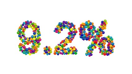 Colorful sweets arranged to form 9.2% reduction or discount sale sign on white background