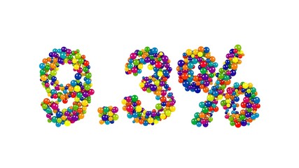 Colorful sweets arranged to form 9.3% reduction or discount sign on white background