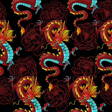 Chinese dragons and peonies. Vector seamless pattern