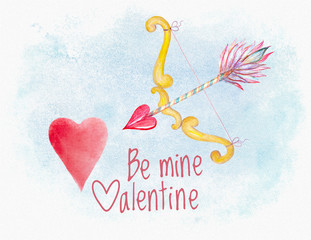 Watercolor hand drawn Valentine Day card with cupid bow and arrow against heart on blue background.