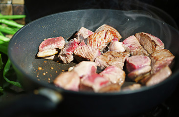 Cooking pork in a flying pan