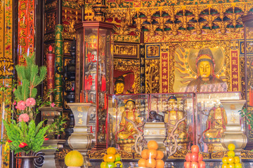 Beautiful Guanyin sculpture at Lungshan Temple of Manka,  Buddhist temple in Taipei, Taiwan. The temple was built in Taipei in 1738 by settlers from Fujian during Qing rule in honor of Guanyin.