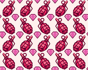 Vector on a pink background. Grenade F1 alternates with diamond. Seamless vector background for printing on paper, textiles, clothing. Wallpaper. Texture